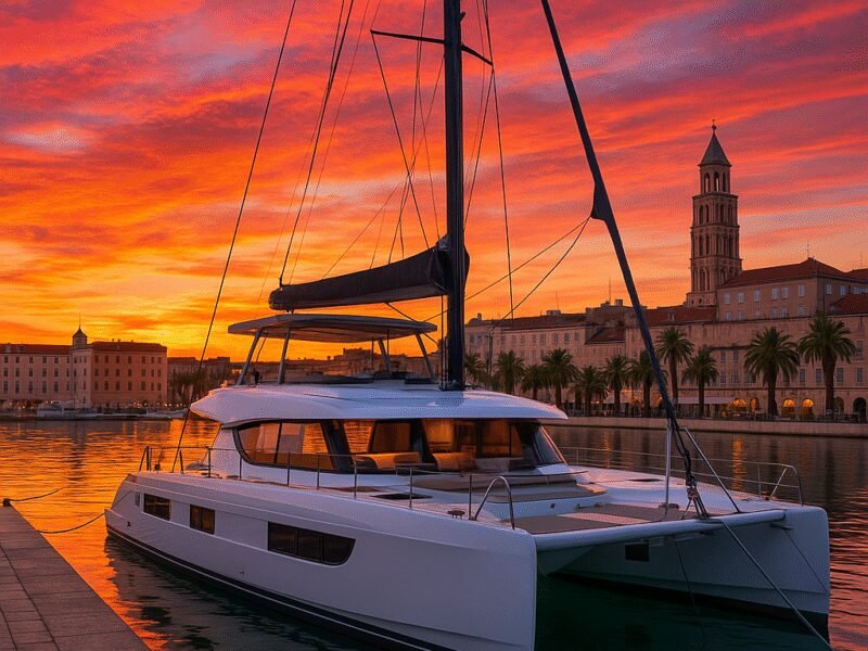 Best Catamaran Charters from Split, Croatia - A luxurious catamaran docked at a marina in Split.