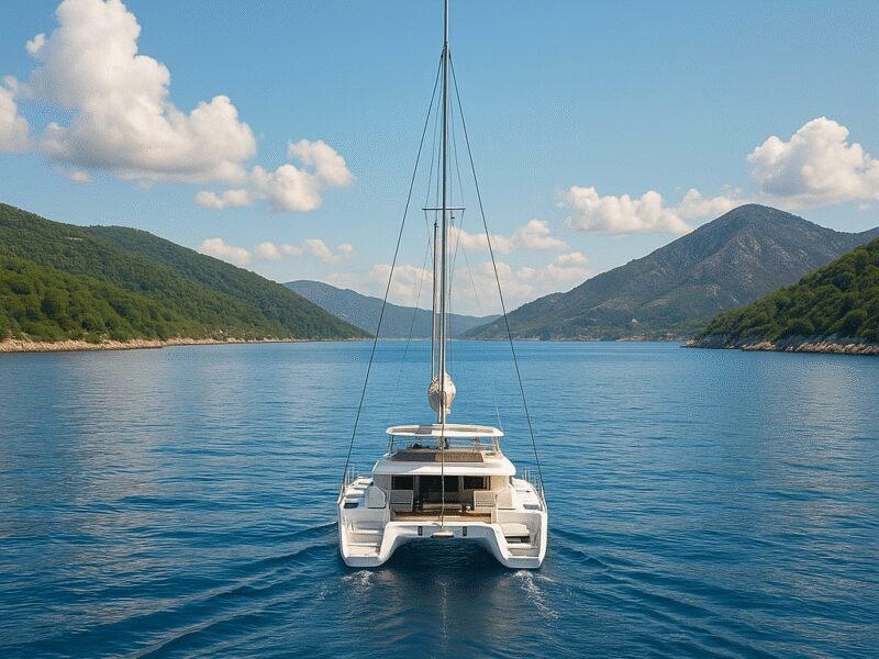 Best Catamaran Charters from Split, Croatia - A scenic view of a catamaran sailing towards the islands of Hvar and Vis.