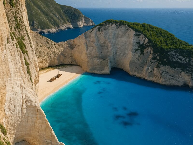 Top 10 Beaches in Greece Accessible by Catamaran – 1. Navagio Beach, Zakynthos - A breathtaking beach known for its shipwreck and stunning scenery.