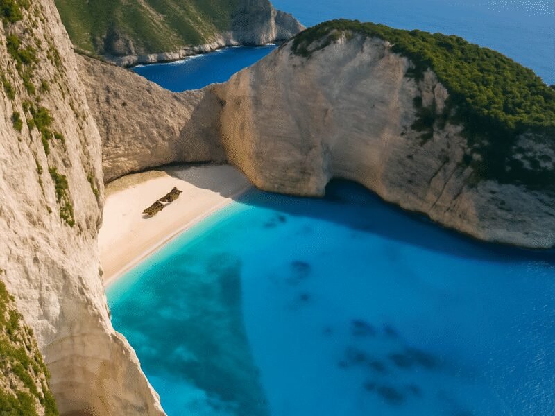 Top 10 Beaches in Greece Accessible by Catamaran – 1. Navagio Beach, Zakynthos - Known for its dramatic cliffs and shipwreck.