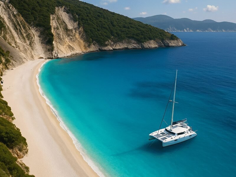 Top 10 Beaches in Greece Accessible by Catamaran – 2. Myrtos Beach, Kefalonia - Famous for its stunning turquoise waters and scenic beauty.