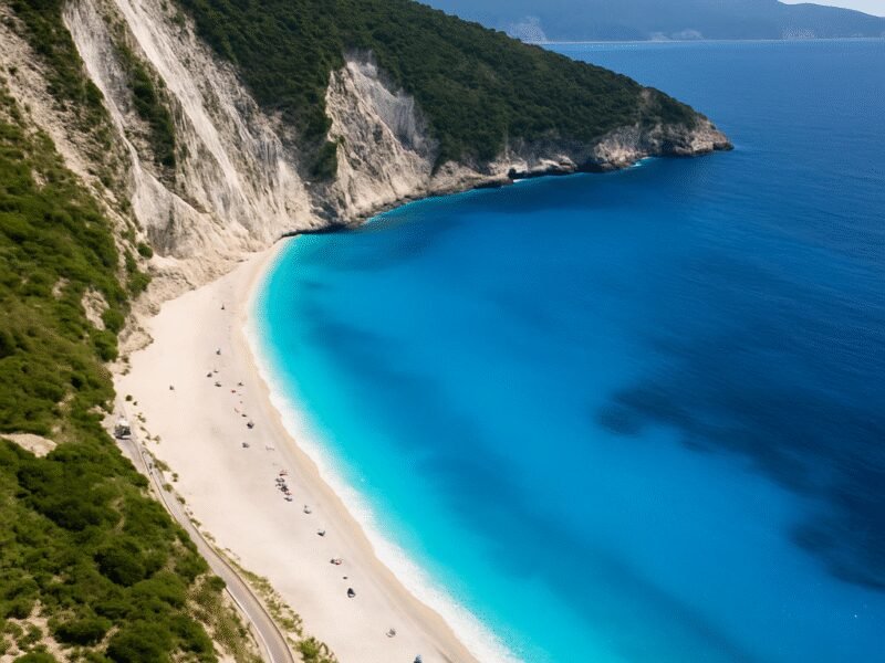Top 10 Beaches in Greece Accessible by Catamaran – 2. Myrtos Beach, Kefalonia - Renowned for its vibrant blue waters and beautiful surroundings.