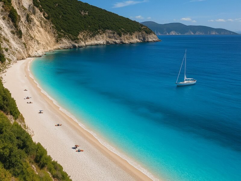 Top 10 Beaches in Greece Accessible by Catamaran - Myrtos Beach is famous for its striking white pebbles and vibrant waters.