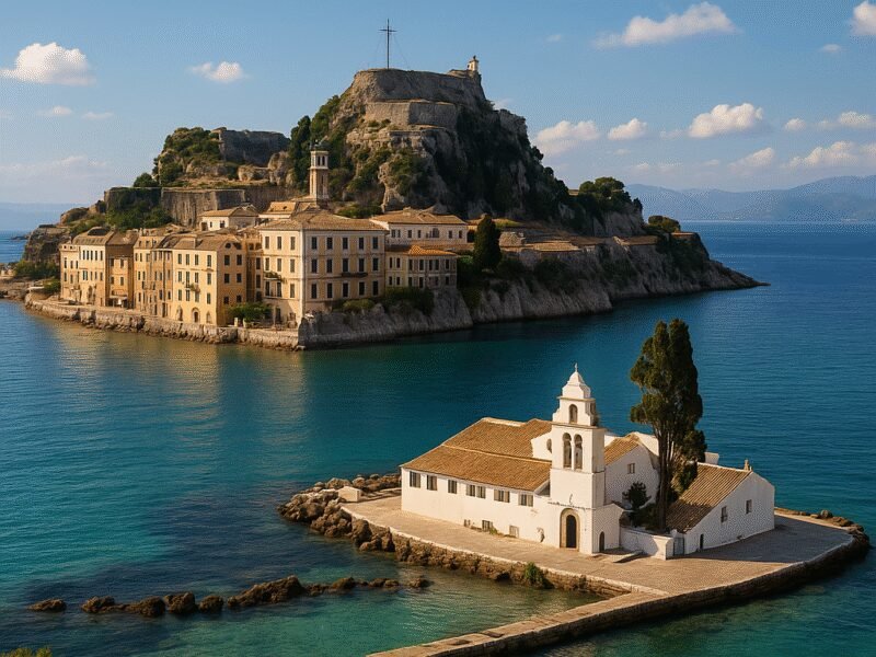 Top 10 Greek Islands for Catamaran Sailing with Children – Corfu: A Blend of Nature and Culture - A stunning view of Corfu's coastline and cultural sites.