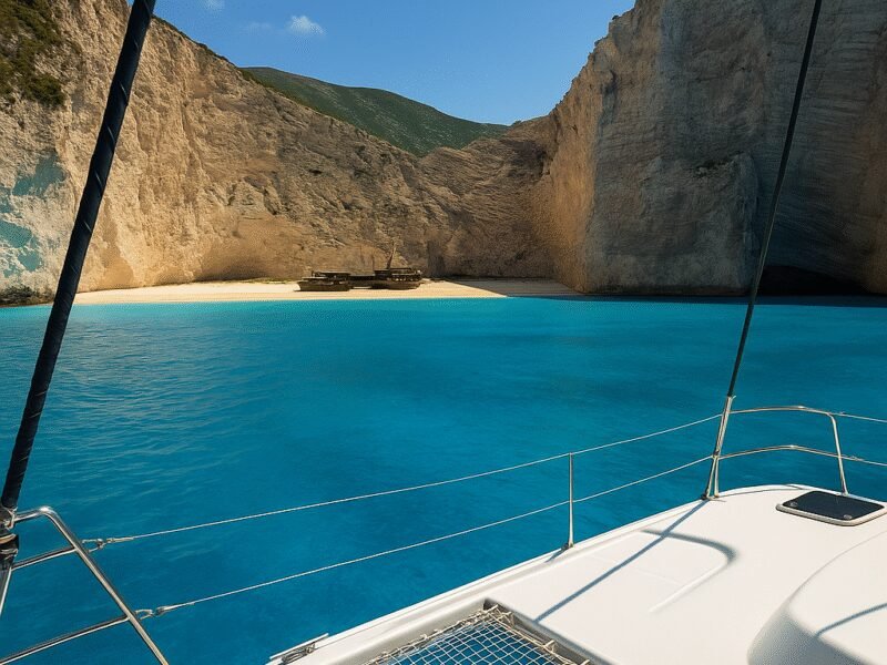 Top 10 Photo Spots in Greece from a Catamaran – 2. Navagio Beach, Zakynthos - A picturesque beach known for its shipwreck and crystal-clear waters.