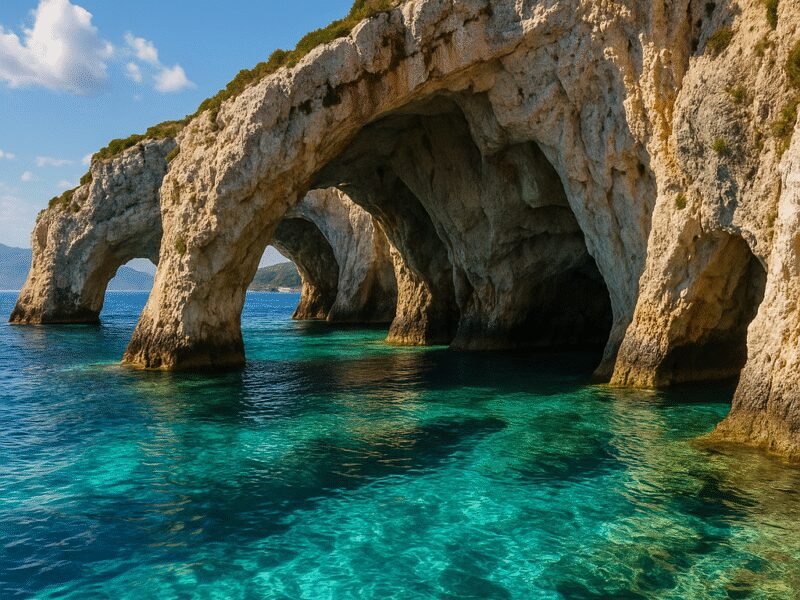 Top 10 Photo Spots in Greece from a Catamaran – 2. The Blue Caves of Zakynthos - A mesmerizing natural wonder with vibrant blue waters.
