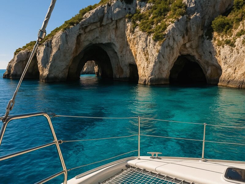 Top 10 Photo Spots in Greece from a Catamaran – 2. The Blue Caves of Zakynthos - A mesmerizing sight with vibrant blue waters.