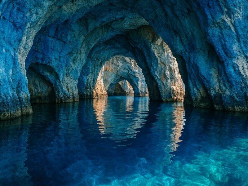 Top 10 Photo Spots in Greece from a Catamaran – 2. The Blue Caves of Zakynthos offer stunning turquoise waters and unique geological formations.