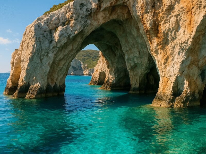 Top 10 Photo Spots in Greece from a Catamaran – 2. Zakynthos: The Blue Caves - A stunning natural wonder with vibrant blue waters.