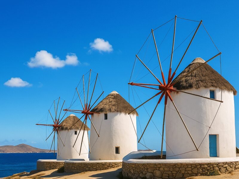 Top 10 Photo Spots in Greece from a Catamaran – 3. Mykonos: The Windmills and Delos Island - A picturesque scene of traditional windmills against the sea.