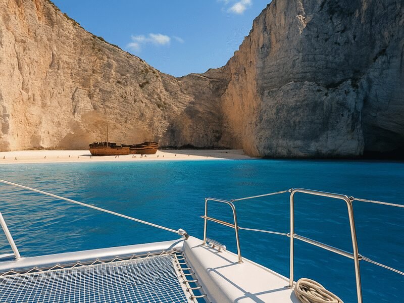 Top 10 Photo Spots in Greece from a Catamaran – 3. Navagio Beach (Shipwreck Beach) - A famous beach known for its dramatic scenery.