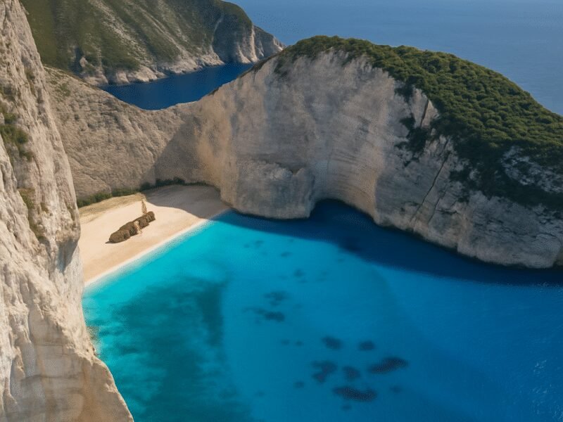 Top 10 Photo Spots in Greece from a Catamaran – 3. Navagio Beach (Shipwreck Beach) is known for its iconic shipwreck and stunning scenery.