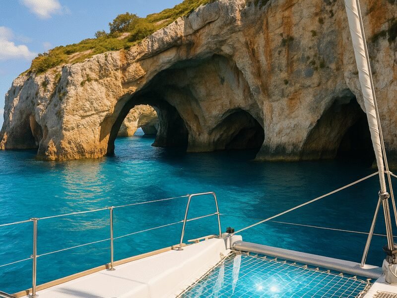 Top 10 Photo Spots in Greece from a Catamaran – 3. The Blue Caves of Zakynthos - Famous for their stunning blue hues and unique rock formations.