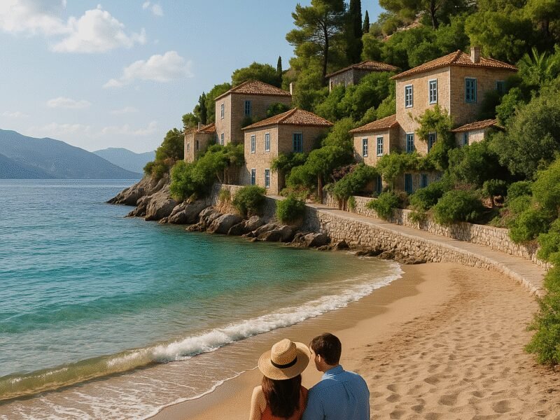 Top 10 Romantic Greek Islands for Couples by Catamaran – Hydra: Timeless Charm and Tranquility - A serene beach on Hydra offering a tranquil escape for couples.