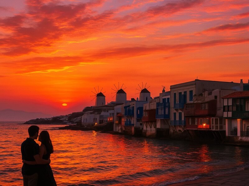 Top 10 Romantic Greek Islands for Couples by Catamaran – Mykonos: The Island of Endless Romance - A picturesque sunset over Mykonos creating a romantic atmosphere.
