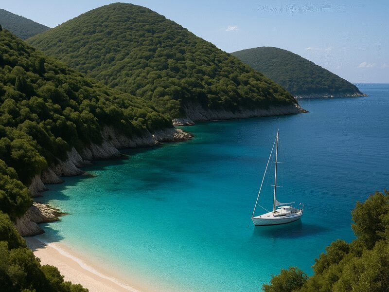 Top 5 Greek Islands for Off-Season Catamaran Sailing – Kefalonia: A Hidden Gem, featuring serene beaches and lush landscapes perfect for sailing.