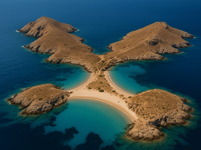 Best Quiet Islands in Greece for Yacht Charters – Astypalea: The Butterfly Island - The stunning coastline of Astypalea, showcasing its unique butterfly shape and beautiful sandy shores.