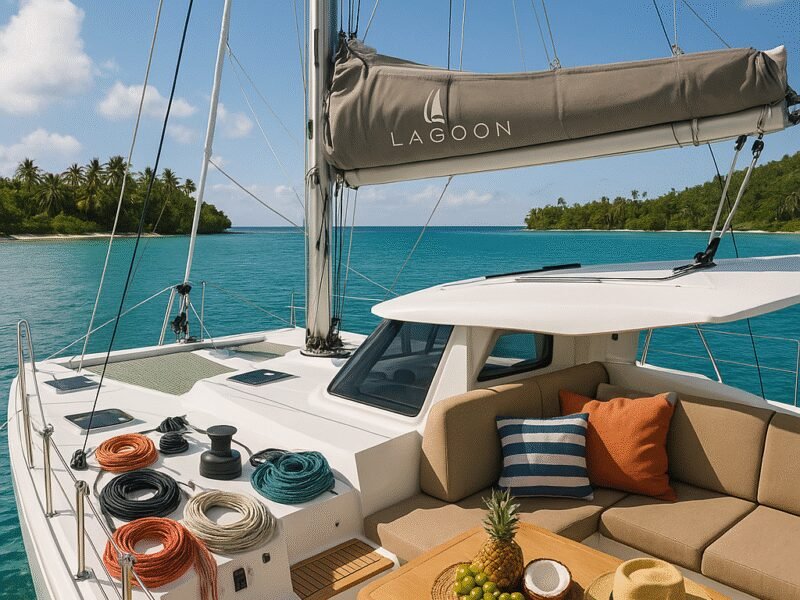 Discovering Secluded Anchorages on a Luxury Lagoon Catamaran – Preparing for Your Voyage - An inviting scene of a well-prepared Lagoon catamaran ready for a voyage.