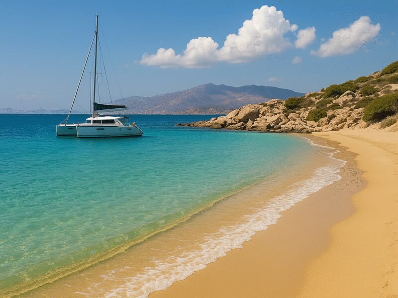 Top 10 Islands to Visit on a Catamaran Holiday in Greece 2025 – 2. Naxos: The Largest Cycladic Island - A beautiful beach on Naxos with crystal clear waters.