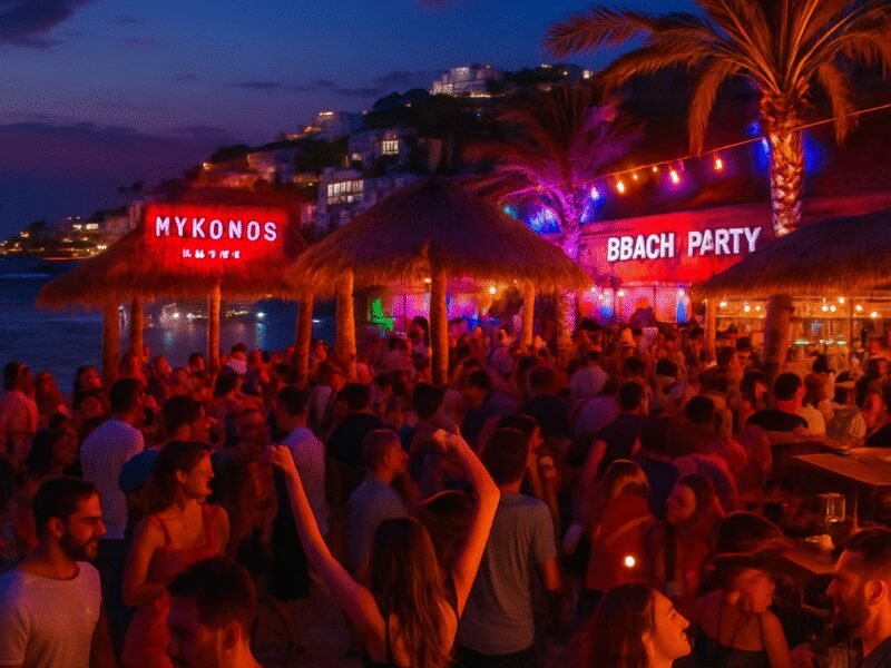 Top 10 Islands to Visit on a Catamaran Holiday in Greece 2025 – 4. Mykonos: The Party Island - A vibrant nightlife scene in Mykonos with lively beach bars.