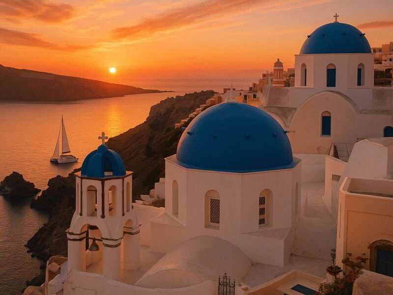 Top 10 Islands to Visit on a Catamaran Holiday in Greece 2025 - Santorini offers breathtaking sunset views.