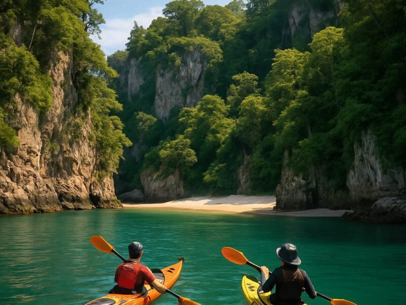 Top Water Activities on a Crewed Yacht Charter in Greece - Kayakers exploring hidden coves and beaches.