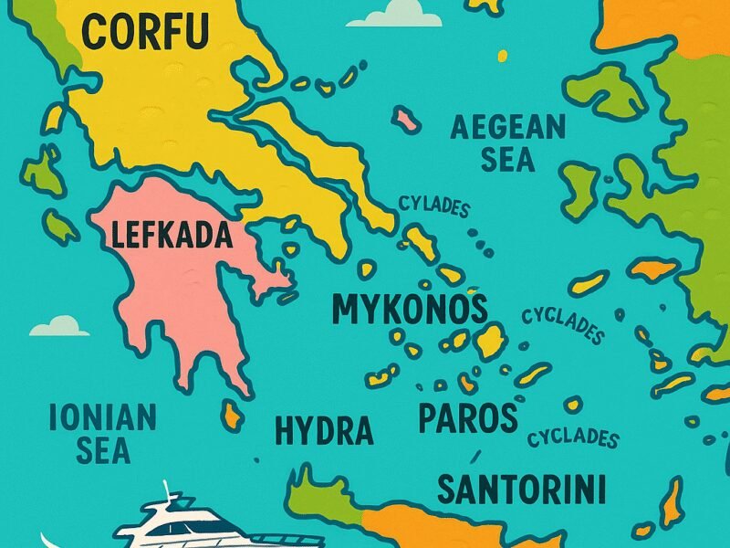 Best Islands to Visit on a Crewed Yacht Charter in Greece 2025 - A map showcasing top yacht charter destinations.