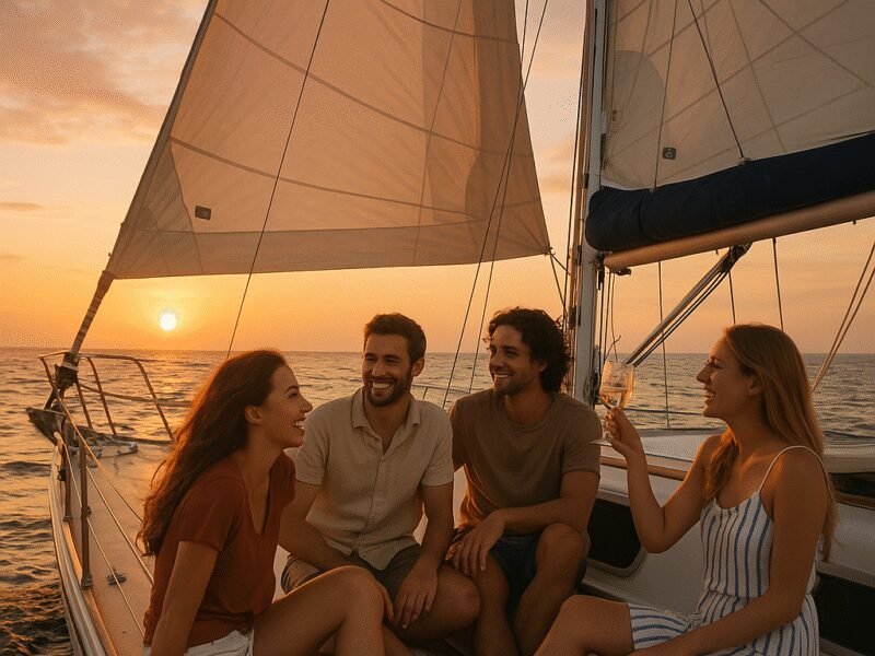How to Book a Bareboat Charter in Croatia - Friends enjoying a beautiful sunset while sailing.