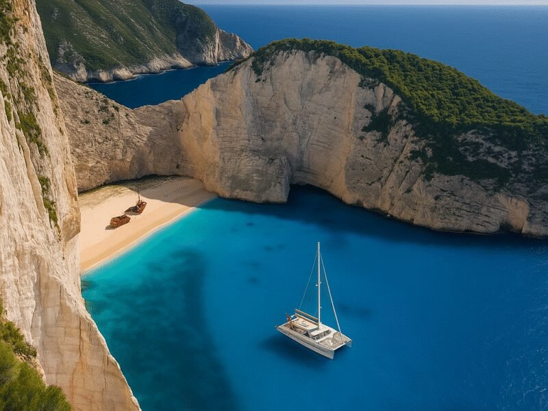 Top 10 Beaches in Greece Accessible by Catamaran - Navagio Beach is famous for its shipwreck and stunning scenery.