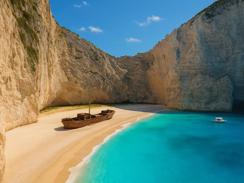 Top 10 Beaches in Greece Accessible by Catamaran - Navagio Beach is known for its stunning shipwreck and dramatic cliffs.