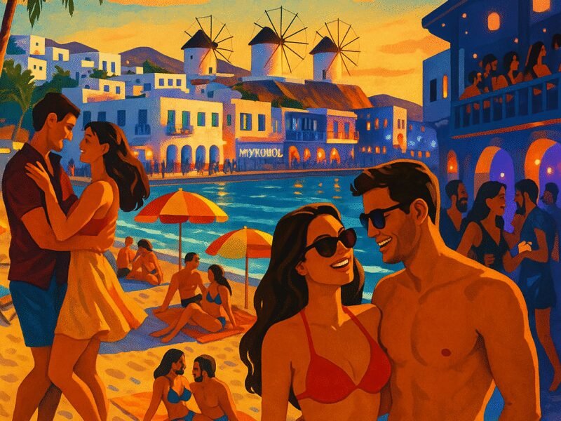 Top 10 Romantic Greek Islands for Couples by Catamaran – Mykonos: The Island of Endless Romance, where couples can enjoy lively beaches and nightlife.