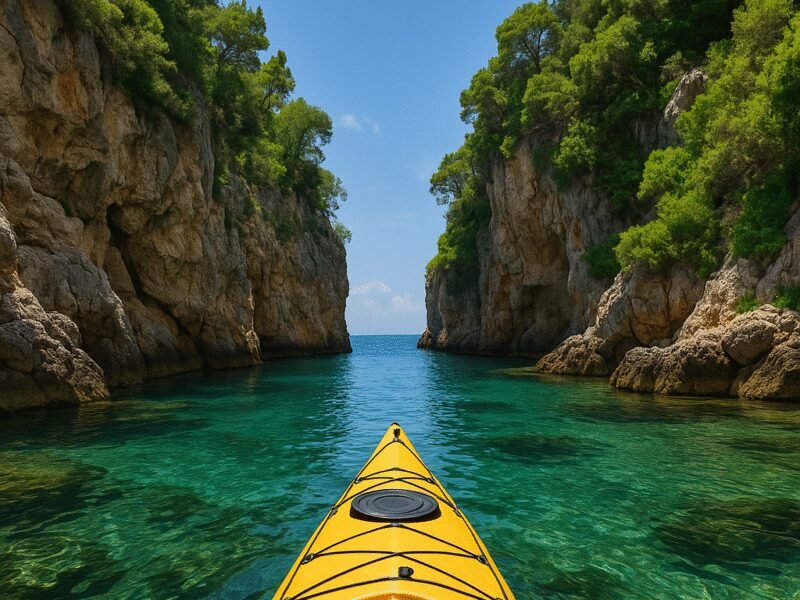 Top Water Activities on a Crewed Yacht Charter in Greece: Kayaking reveals secluded beaches and stunning views.