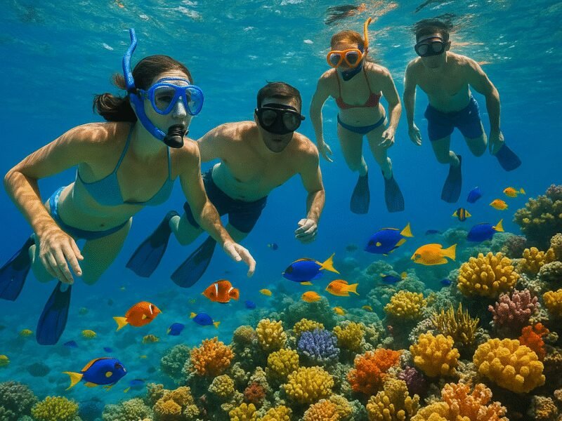 Top Water Activities on a Crewed Yacht Charter in Greece: Snorkelers discover vibrant marine life.