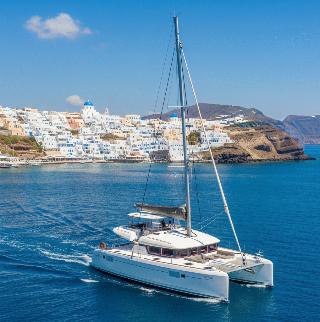 Lagoon 40 departuring santorini blue water