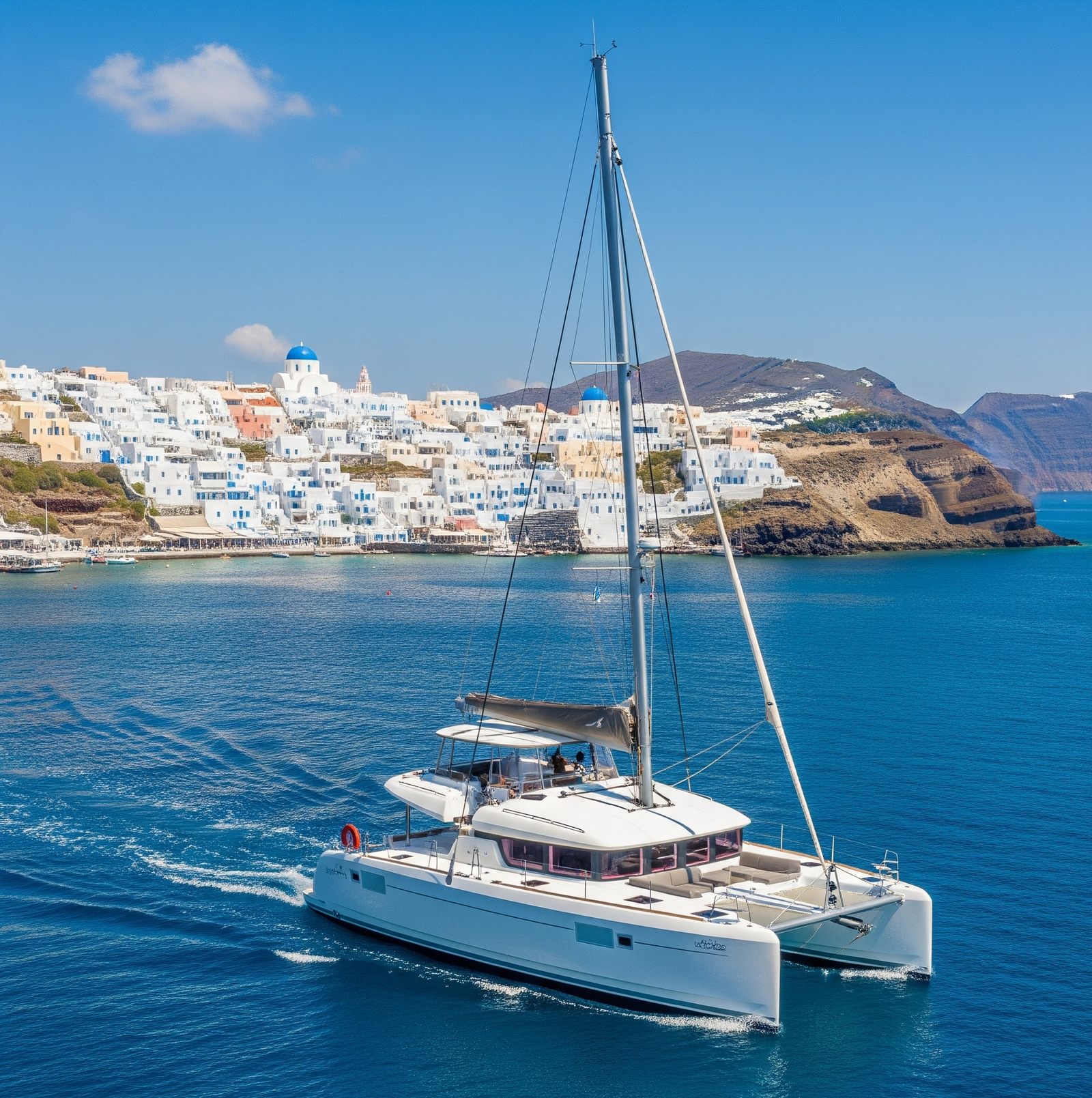 Lagoon 40 departuring santorini blue water