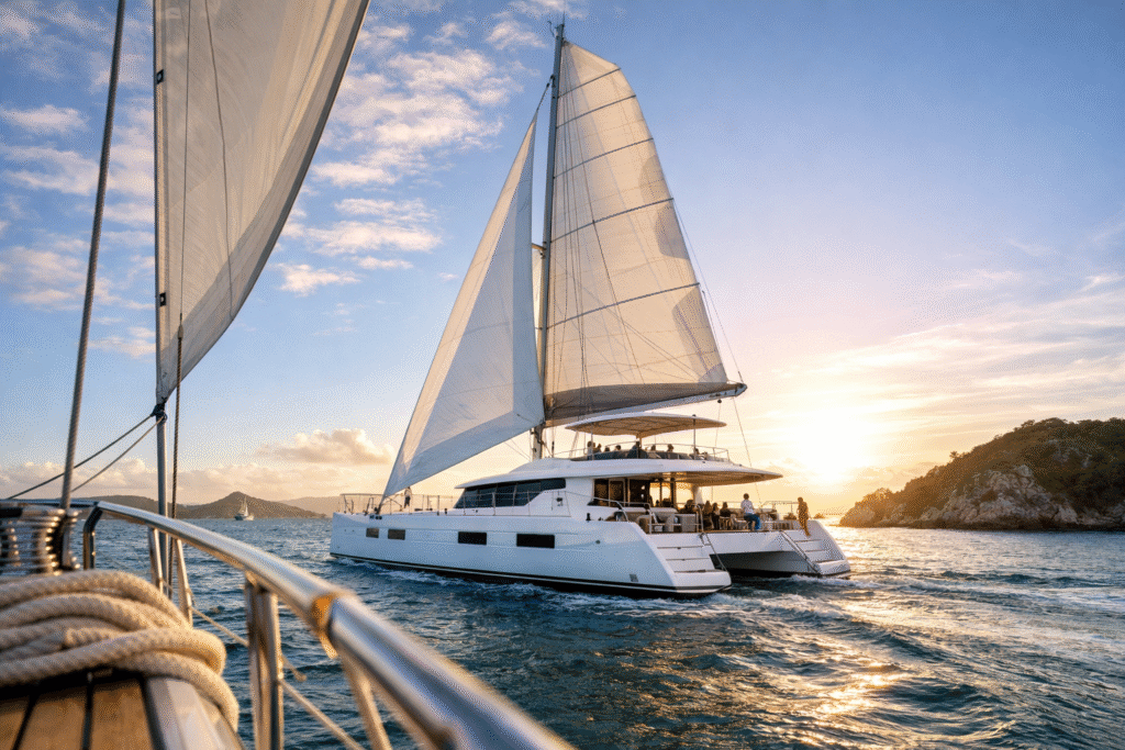 Luxury catamaran charter sailing in the Caribbean with full sails and open deck